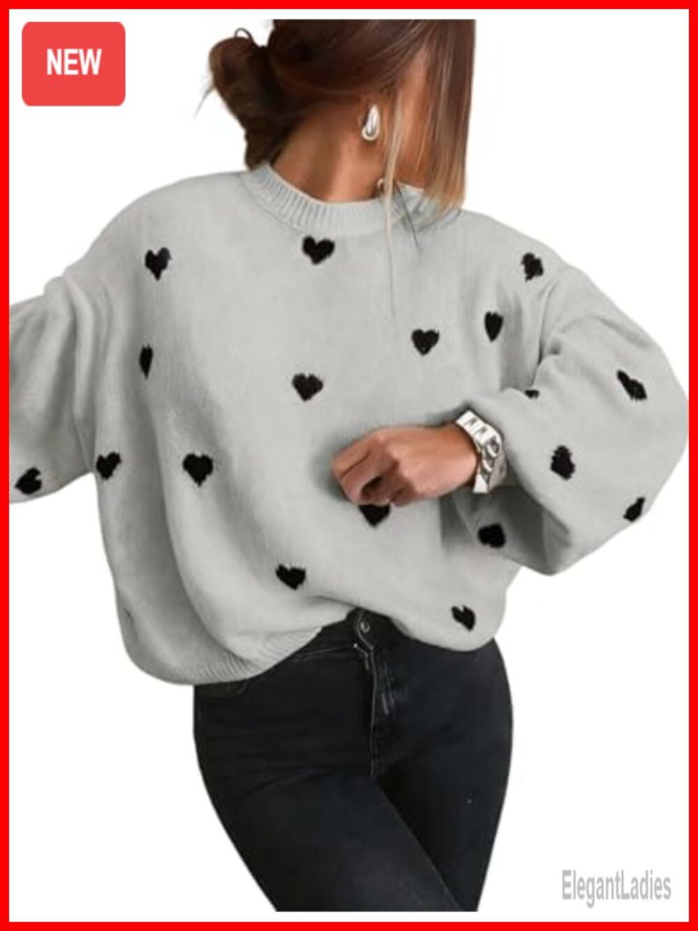 Oversized Heart Print Lantern Sleeve Sweater Pullover Crew Neck